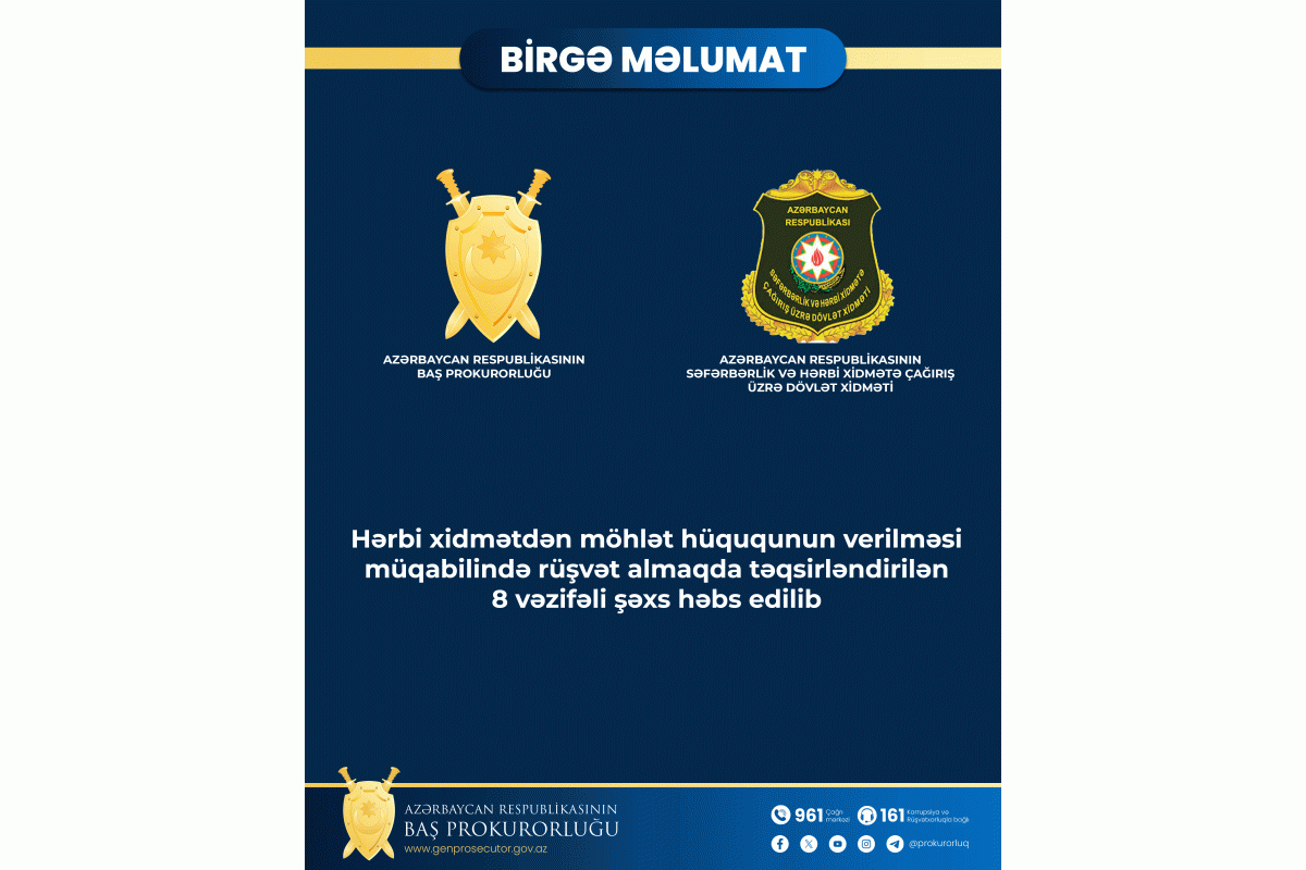 Eight mobilisation service officials arrested over bribery in Azerbaijan